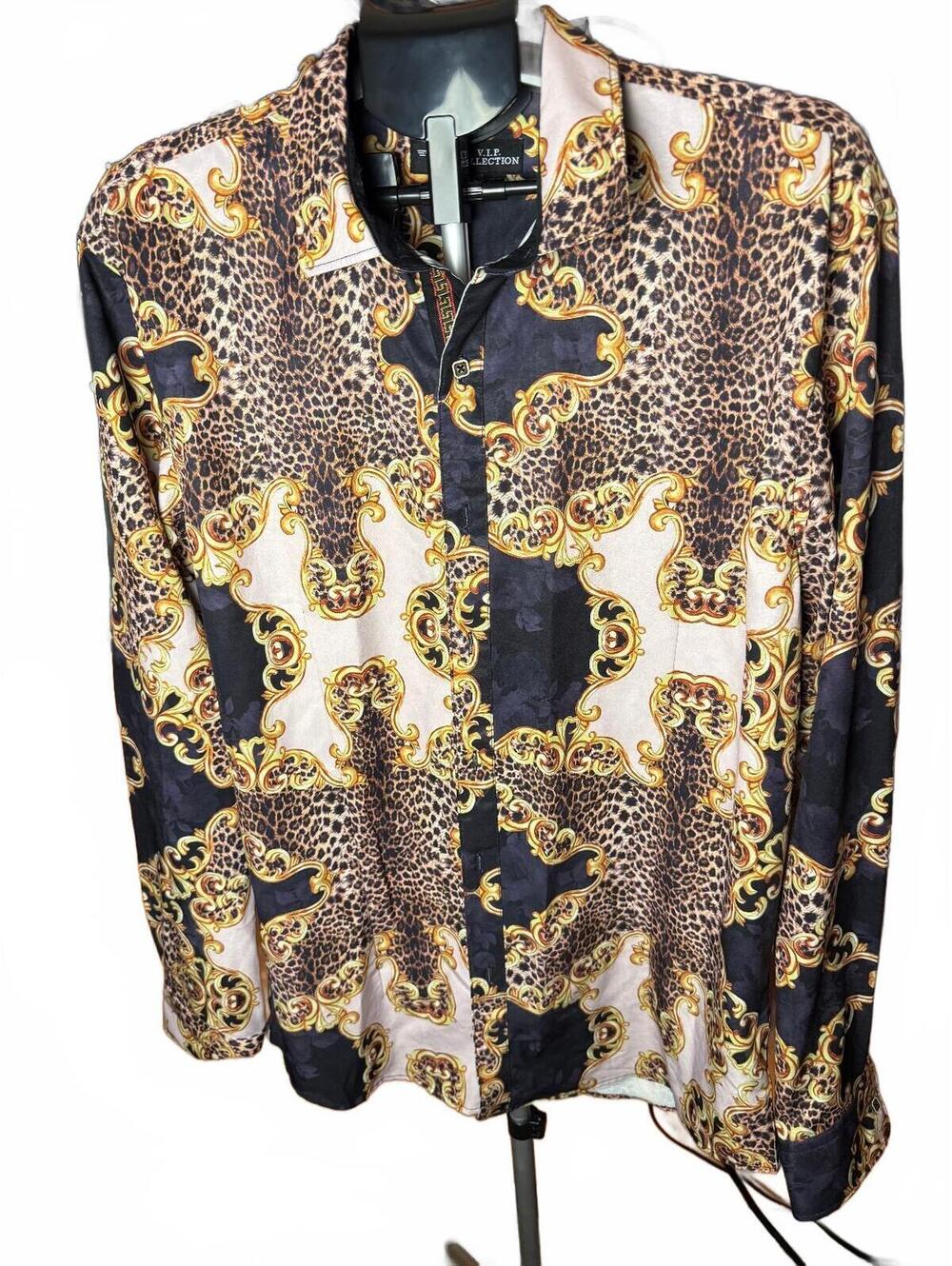 VIP collection Mens Button Up dress Shirt with Leopard and Baroque Print sz L